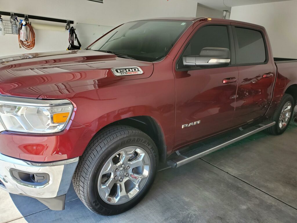 Red Ram Truck Parked in Garage